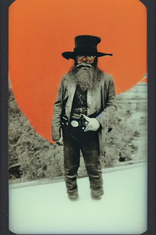 Image similar to polaroid photograph of cowboy sherrif resembling yosemite sam with huge hat, huge mustache, orange colors