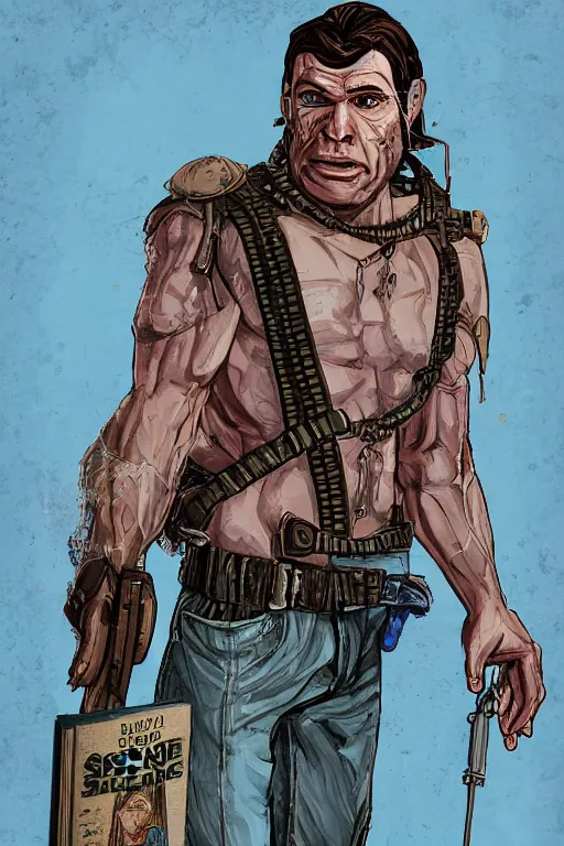 Image similar to saint homo neanderthalis, with book of science, on his right hand, and riffle, on his left hand, fix duplicate content!, violet polsangi pop art, gta chinatown wars art style, bioshock infinite art style, incrinate, realistic anatomy, hyperrealistic, two colors, white frame, content proportion