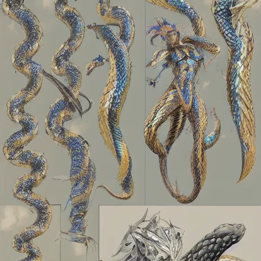 Image similar to concept design sketches for a character that is an ethereal humanoid snake with hands, golden scales and blue accents scattered in its design, art by yuji ikehata and satoshi kon, background art by miyazaki, realism, proper human male proportions, fully clothed, dungeons and dragons, anime