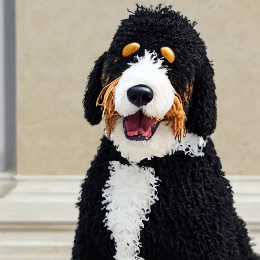 Image similar to a closeup photorealistic photograph of a cute smiling knitted bernedoodle judge dog dressed in a black gown, presiding over the courthouse. indoors, professional capture, well lit shot. this 4 k hd image is trending on artstation, featured on behance, well - rendered, extra crisp, features intricate detail, epic composition and the style of unreal engine.