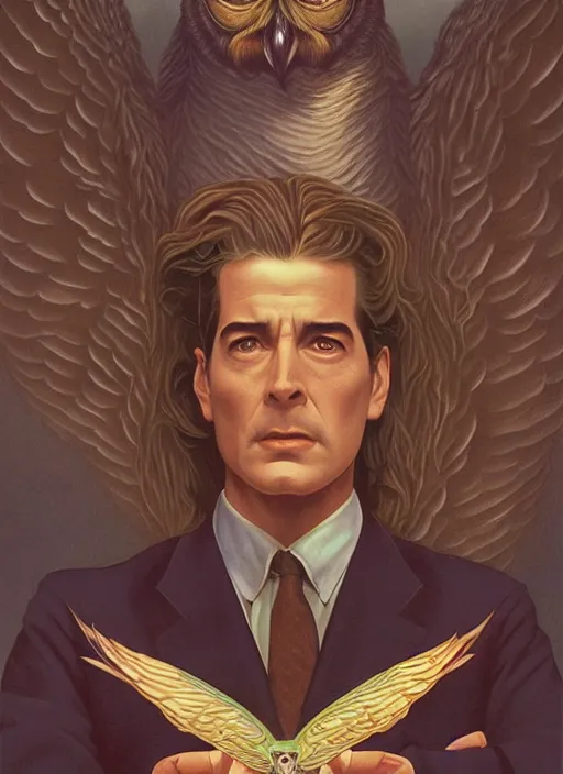 Image similar to twin peaks poster art, by michael whelan, rossetti bouguereau, artgerm, retro, nostalgic, old fashioned, 1 9 8 0 s teen horror novel cover, book, dale cooper, kyle mclaughlin, large owl wings wrap around dale cooper