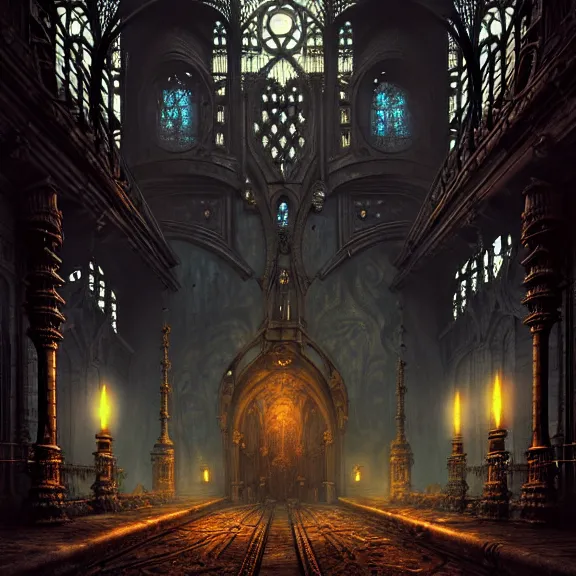 Image similar to steam necropolis, memento mori, gothic, neo - gothic, art nouveau, hyperdetailed copper patina medieval icon, stefan morrell, philippe druillet, ralph mcquarrie, concept art, steampunk, unreal engine, detailed intricate environment, octane render, moody atmospherics, volumetric lighting, ultrasharp, ominous, otherworldly