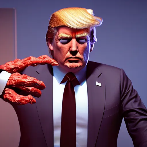 Image similar to Donald trump with predator body, realistic artstyle, wide shot, dramatic lighting, octane render, hyperrealistic, high quality, highly detailed, HD, beautiful, cinematic, 8k, unreal engine, facial accuracy, symmetrical
