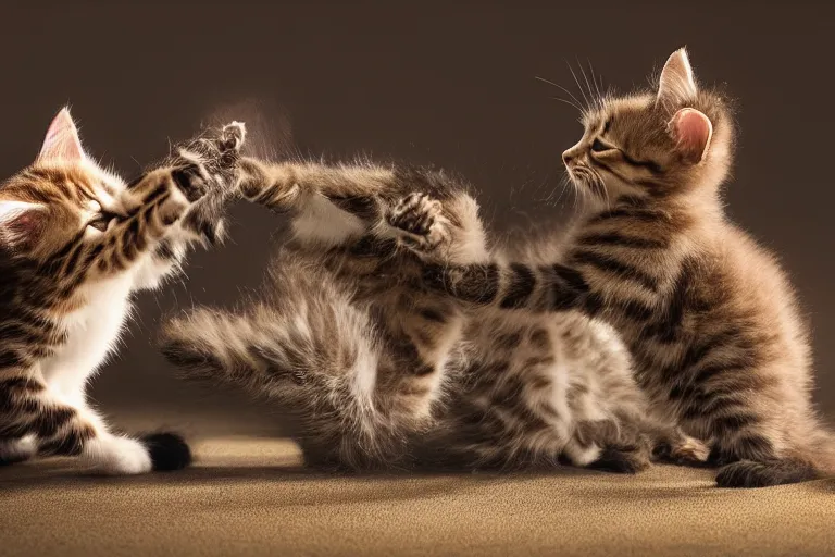 Image similar to A professional photo of two kittens play-fighting each other; high-quality, dramatic lighting, extremely high detail, trending on artstation