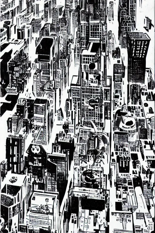 Prompt: a futuristic city drawn by jack kirby, pencils and inks, black and white, high quality