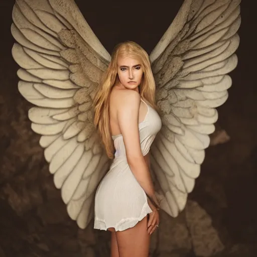 Image similar to very pretty blond female angel with huge wings in a dark cave, perfect symmetrical face, shallow depth of field, moody lighting, single point of light, 8 k, cultural realistic, in the style of martina fackova,