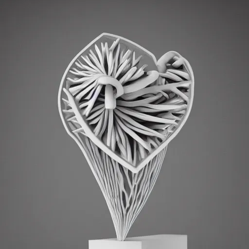 Prompt: geometric scientific sculpture of a human cardiac organ made of carved grey tinted glass, fractal 3 d structure, sculpted by barbara hepworth and naum gabo, shocking detail trending on artstation 8 k