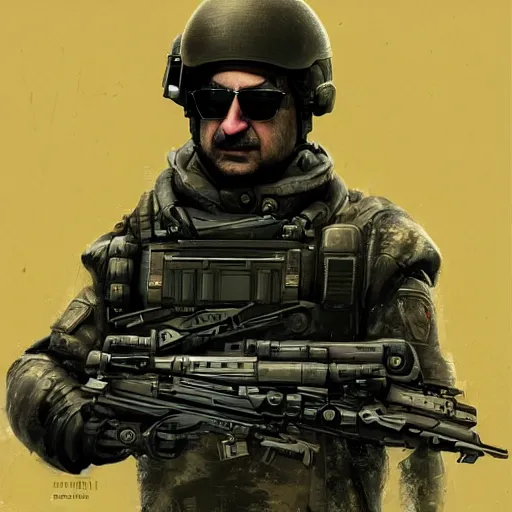 Image similar to salman rushdie as a futuristic tactical operator by maciej kuciara