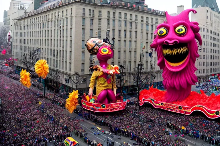 Image similar to photo of giant beautiful elaborate parade float character designed by ( ( ( ( ( ( ( ( giger ) ) ) ) ) ) ) ) and wes anderson!!!!!!!!!!!!!!, in the macys parade, detailed 4 k photo,