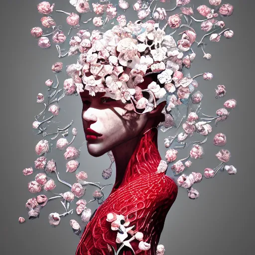 Image similar to the portrait of an absurdly beautiful, graceful, elegant, sophisticated, fashionable woman made of strawberries and white petals looking down, an ultrafine hyperdetailed illustration by kim jung gi, irakli nadar, intricate linework, bright colors, octopath traveler, final fantasy, unreal engine 5 highly rendered, global illumination, radiant light, detailed and intricate environment