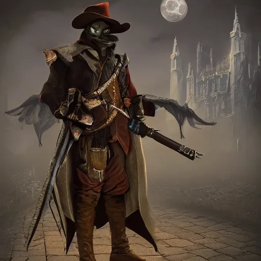 Image similar to a detailed 3 d render of darkwing duck dressed as the hunter from bloodborne, let's get dangerous, digital art, dark fantasy, concept art, soulslike, by alphonse mucha, blood moon eclipse, wherewolves in a ruined building in the background, artstation, 8 k, unreal engine render