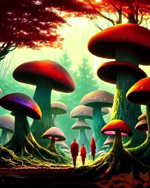Image similar to magical enchanted mushroom forest, scenery wallpaper aesthetic, beautiful, cinematic, dramatic, super detailed and intricate, by koson ohara, by darwyn cooke, by greg rutkowski, by satoshi kon