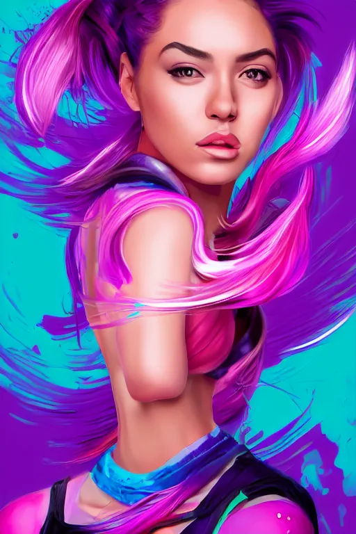 Prompt: a award winning half body porttrait of a beautiful woman in a croptop and cargo pants with ombre purple pink teal hairstyle with head in motion and hair flying, paint splashes, outrun, vaporware, shaded flat illustration, digital art, trending on artstation, highly detailed, fine detail, intricate