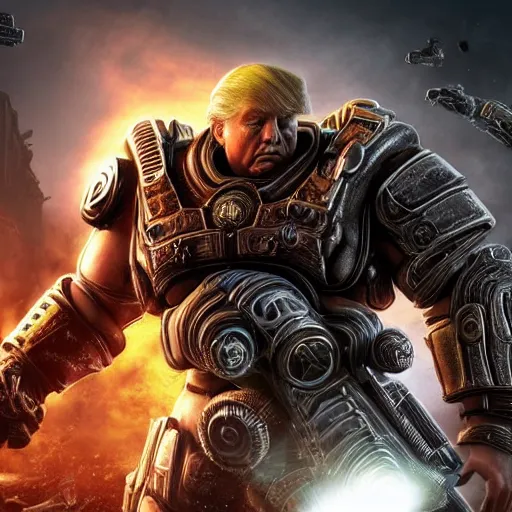 Image similar to Photo portrait of Donald Trump as God-Emperor in Gears of War, splash art, movie still, detailed face, photorealistic facial features, cinematic lighting, dramatic, octane render, long lens, shallow depth of field, bokeh, anamorphic lens flare, 8k, hyper detailed, 35mm film grain