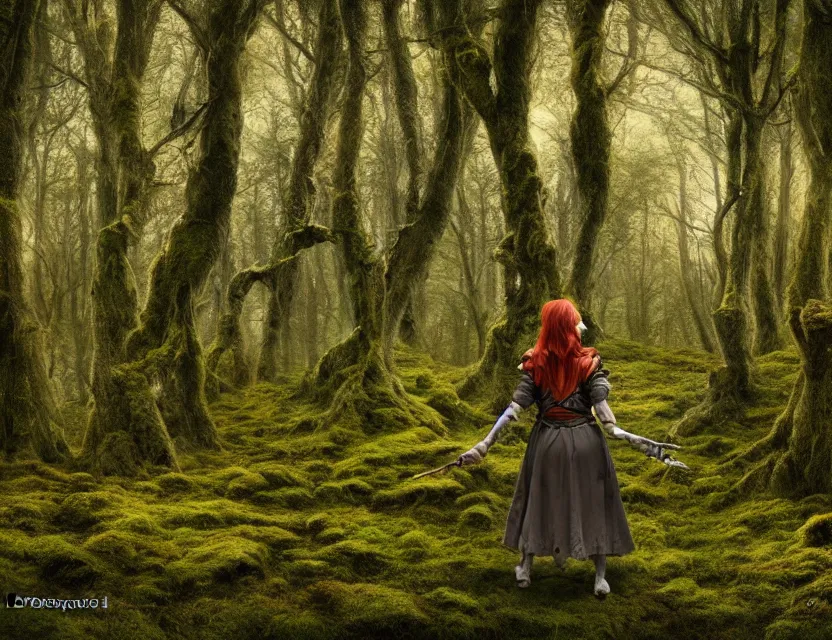 Prompt: ravenfolk woman wandering in the lichen woods. safe for work, complementary colors, professional photography, matte painting, luminescent, 3 d render, 4 k, rimlight.