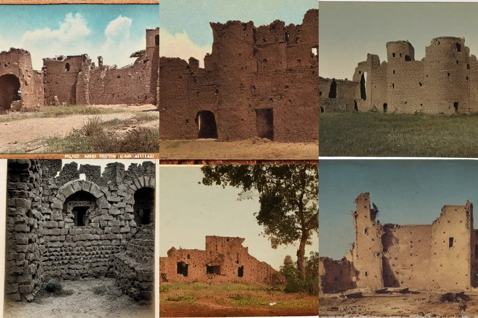 Prompt: high quality photograph of the ruins of old west african castle made of mud bricks, photochrom print, postcard, 1 8 9 0.