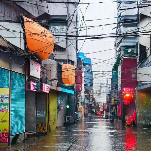 Image similar to rain - soaked alley with messy overhead cables in yongsan district, seoul, south korea.