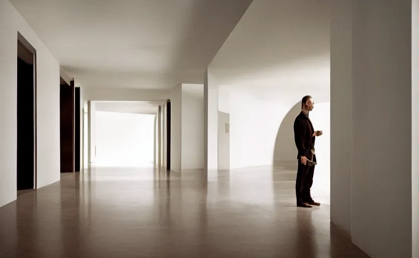 Image similar to a long hallway with a white door and a brown carpet, a detailed matte painting by jacob toorenvliet, cg society, postminimalism, studio portrait, photo taken with provia, studio light