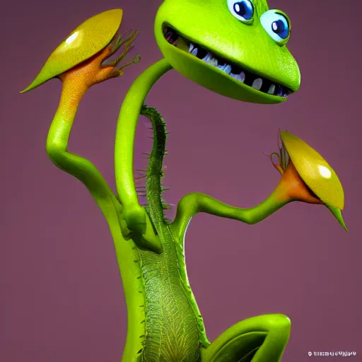 Image similar to cute anthropomorphic venus flytrap carniverous plant creature with many leaf arms and vine legs and big eyes detailed character concept 3 d pixar style render 4 k