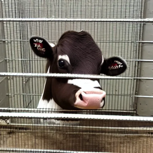 Image similar to cute calf with big eyes dressed as an inmate inside a jailcell
