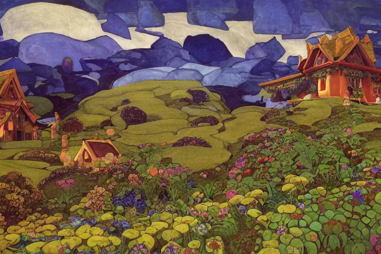 Image similar to the enchanted cottage and gardens of a wise woman on a mountaintop, dramatic cinematic lighting, folk-art carved painted wood house, rich colors, by Nicholas Roerich and William Dyce and ford madox brown and April Gornik and Caspar David Friedrich and Diego Rivera and Tyler Edlin and Ivan Bilibin