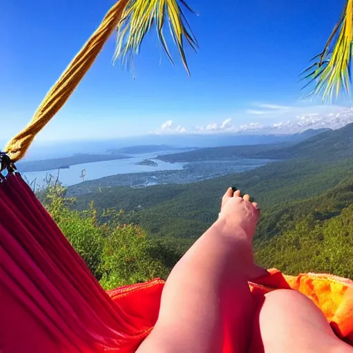 Image similar to relaxing in a hammock on top of a mountain, amazing views, award winning photography, highly detailed