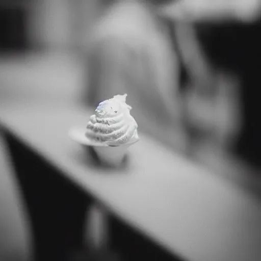 Image similar to a dramatic black-and-white macro photograph of an ice cream cone dressed in formal wear, ready for the banquet. Shallow depth-of-field.