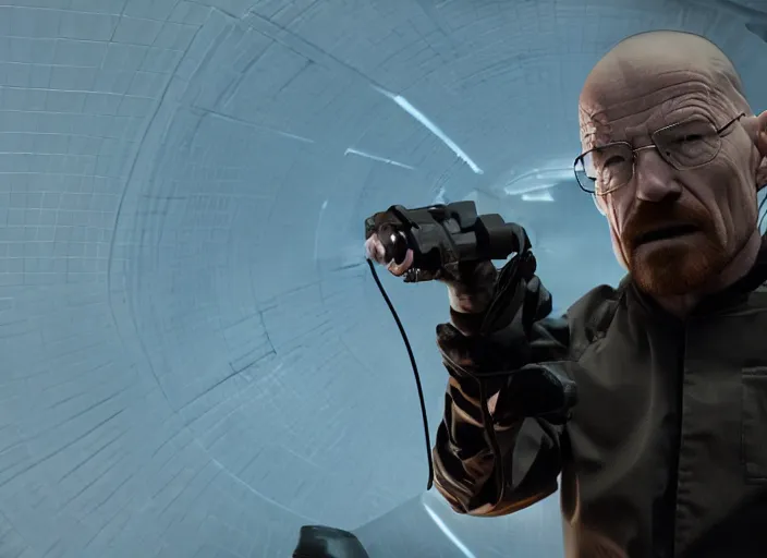 Image similar to film still of Walter White as Gordan Freeman wearing Black Mesa Jumpsuit holding a gravity gun in the Half Life Movie, 4k