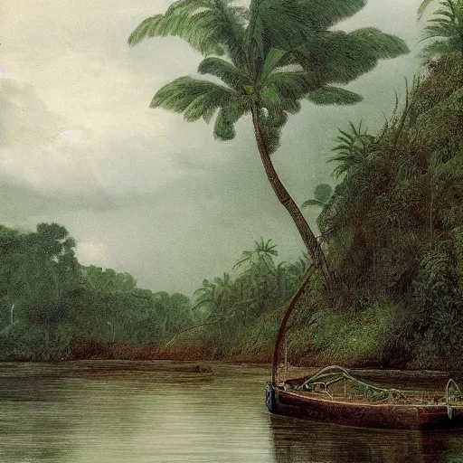 Prompt: scallop dredge boat dragging dredges through a pristine jungle, surrealist,