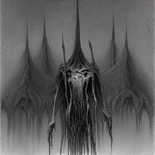 Image similar to shadowknight archfiend beksinski, spine chilling, creepy creature, terrifying, horror spooky