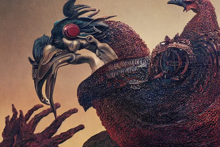 Image similar to digital painting of a gigantic mechanical rooster with beak and talons, by wayne barlowe and bob pepper, dieselpunk, highly detailed, intricate, sharp focus, portrait, talons, anatomy, studio ghibli color scheme, tarot card