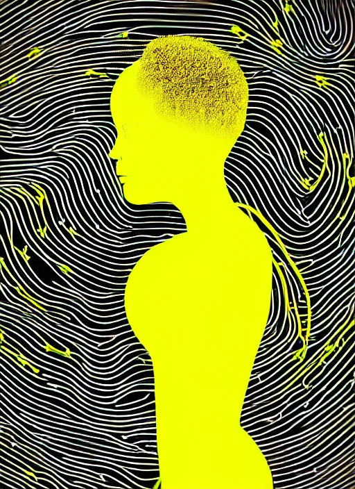 Prompt: highly detailed closeup portrait of wasteland wavy glowing yellow and white plasma hair cute happy tribal young lady, stray electric spark wiring by jean jullien, 4 k resolution, gradient yellow, black and white color scheme!!! ( ( dystopian city background ) )