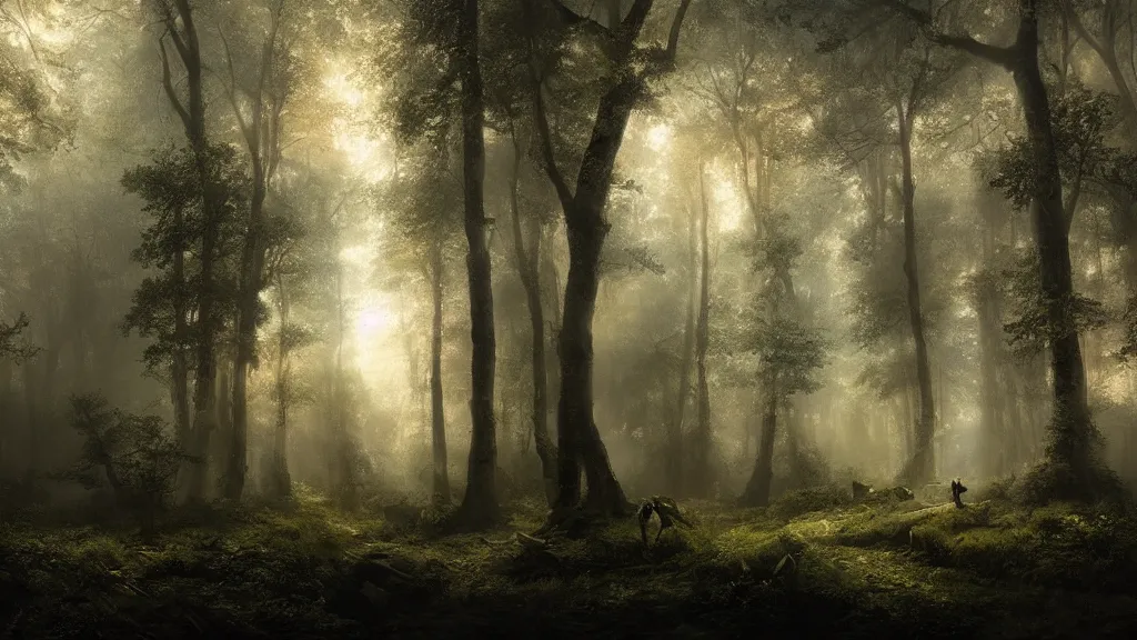 Prompt: a clearing in the magical forest. andreas achenbach, artgerm, mikko lagerstedt, zack snyder, tokujin yoshioka