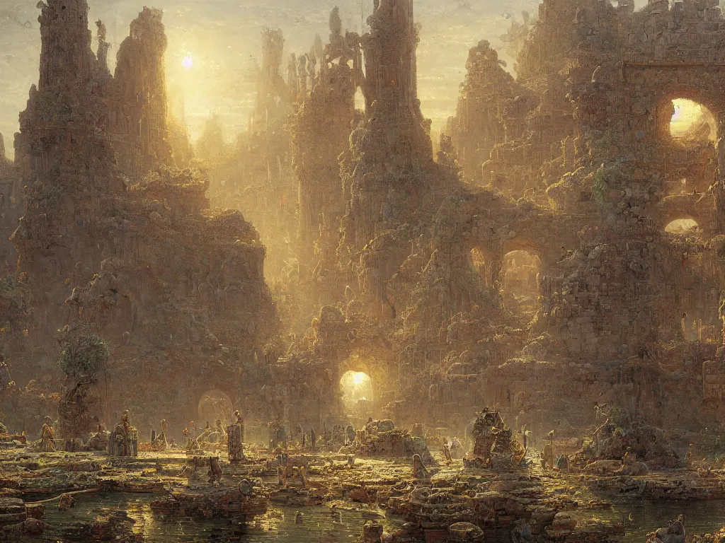 Image similar to detailed painting of a multiverse gateway in ancient mesopotamia in the middle of a sulphur lake, filigree ornaments, andreas achenbach, simon stalenhag