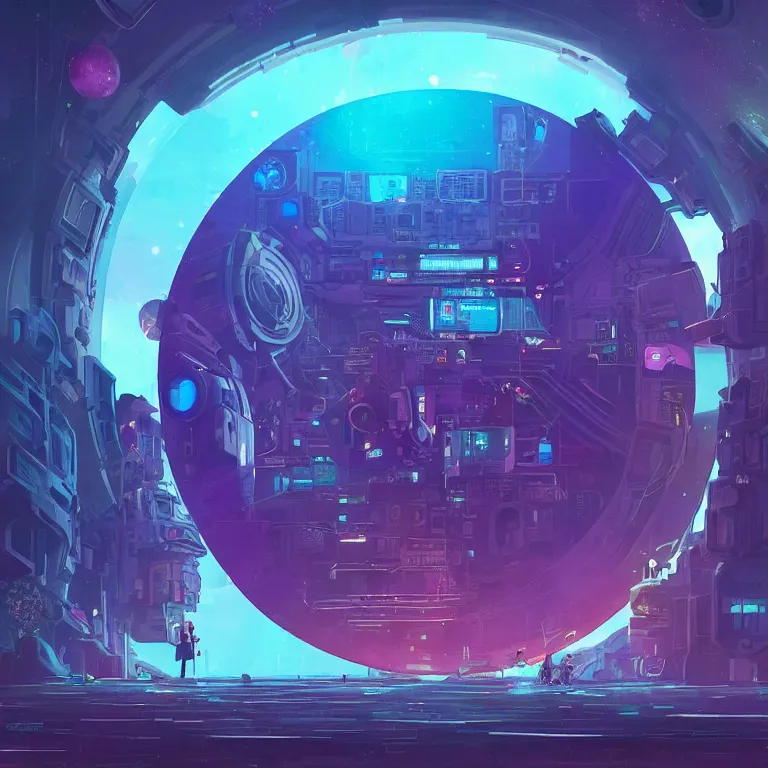 Image similar to a circle!! portal!!! structure floating in space!!, cyberpunk, epic surrealism, indigo, purple, cyan, detailed digital matte painting in the style of simon stalenhag and painting by ralph mcquarrie