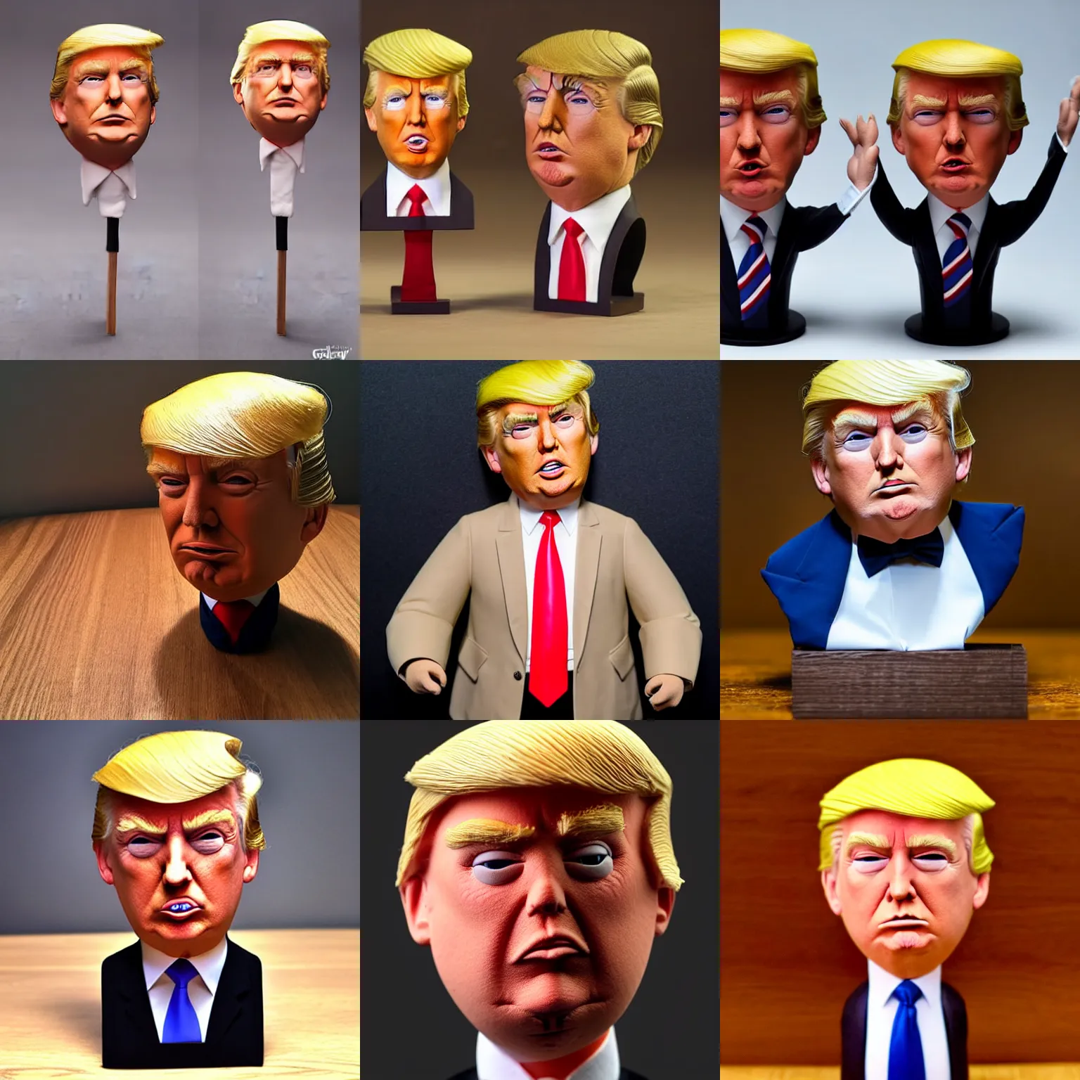 Prompt: donald trump !!! very extremely realistic!!! extreme likeness!!! smooth specular clay! extremely close smooth specular sculpted headshot of donald trump clay puppet , soft light dull mood, low saturation, on wooden table. style: claymation puppet kids clay , by guldies