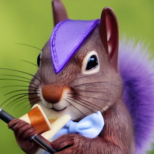 Prompt: photo-realistic purple squirrel wearing a bowtie and smoking a pipe