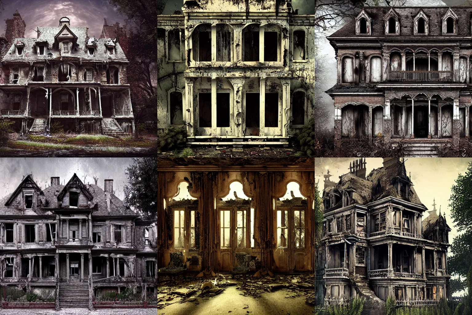 Prompt: Old Haunted Mansion with several windows and doors, decayed, evil, abandoned, intricate details, photorealistic, hyper-realistic, intricate, concept art, octane render, cinematic lighting, artwork by Tim Burton