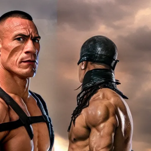 Image similar to Samurai John Cena vs samurai the rock , a film still