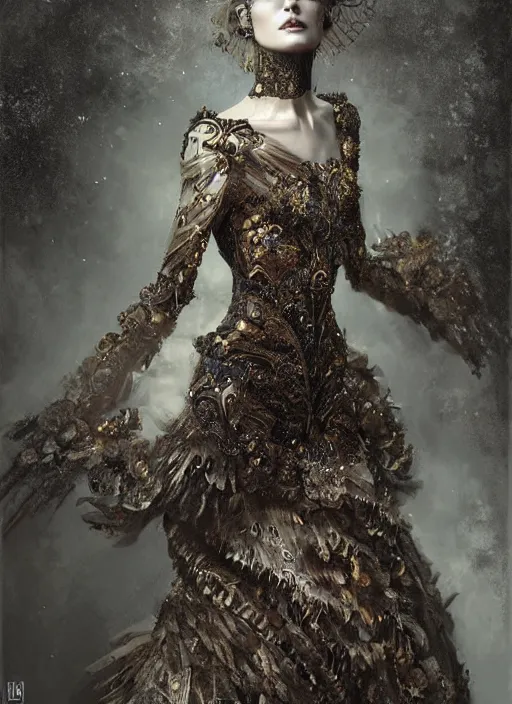 Prompt: portrait of beautiful female model by irakli nadar with intricate detailed wearing victorian dress designed by alexander mcqueen and rocky gathercole, haunting, elite, elegant, ruan jia, dark, hyper detailed, concept art, by gustav klimt,