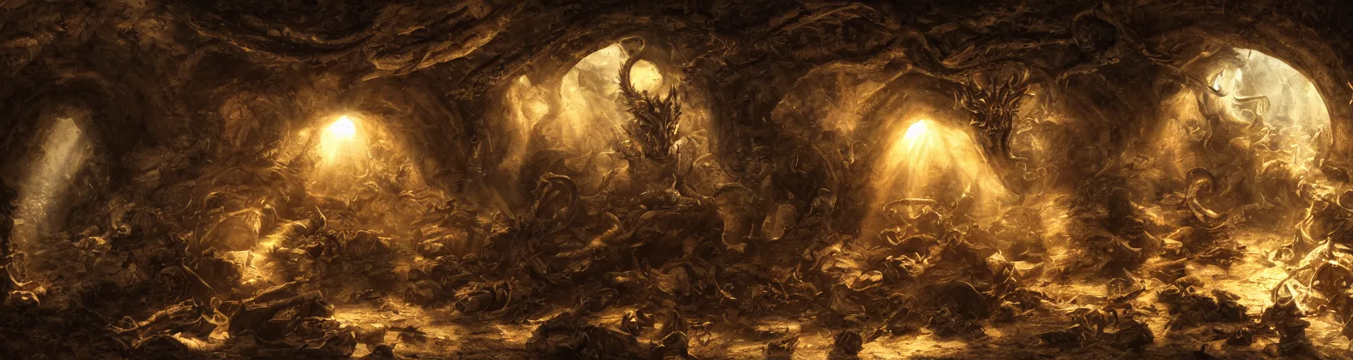 Prompt: A Dragon guards a horde of treasure in it's lair, shafts of sunlight appear from parts of the ruined interior. Chiaroscuro style painting. 4K.