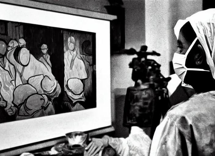 Prompt: cinematic mid shot of a high detail, vivian dorothy maier, with surgical mask. where's wally, line drawing by van gogh