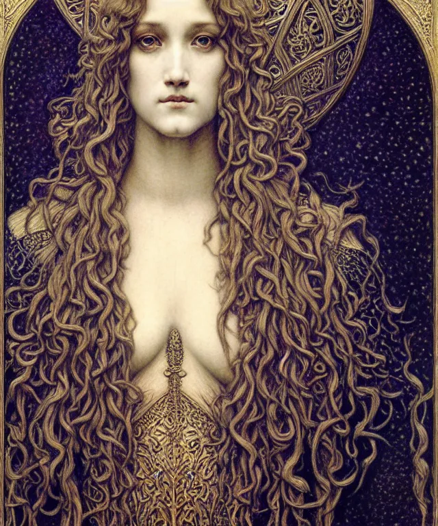 Image similar to detailed realistic beautiful young medieval queen face portrait by jean delville, gustave dore and marco mazzoni, art nouveau, symbolist, visionary, gothic, pre - raphaelite. horizontal symmetry