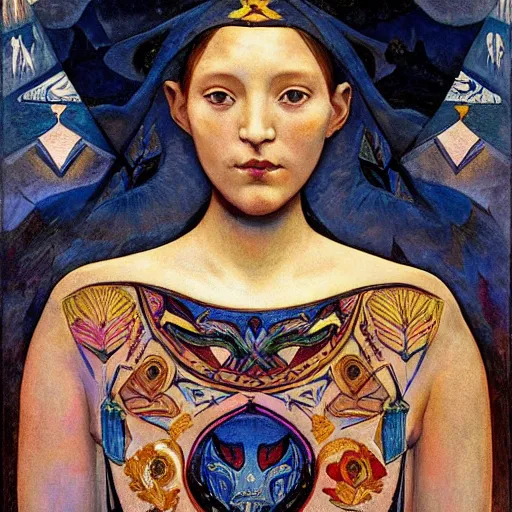 Image similar to the night crown, by Annie Swynnerton and Nicholas Roerich and Diego Rivera, embroidered robes, starry tattoos, elaborate costume, geometric ornament, symbolist, soft colors, dramatic lighting, smooth, sharp focus, extremely detailed