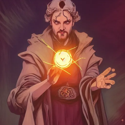 Image similar to a warlock is casting a magic spell, with magic orb floating in his hand , dynamic pose, natural lighting, medium level shot, Mucha style , Grim fantasy, illustration ,concept art,