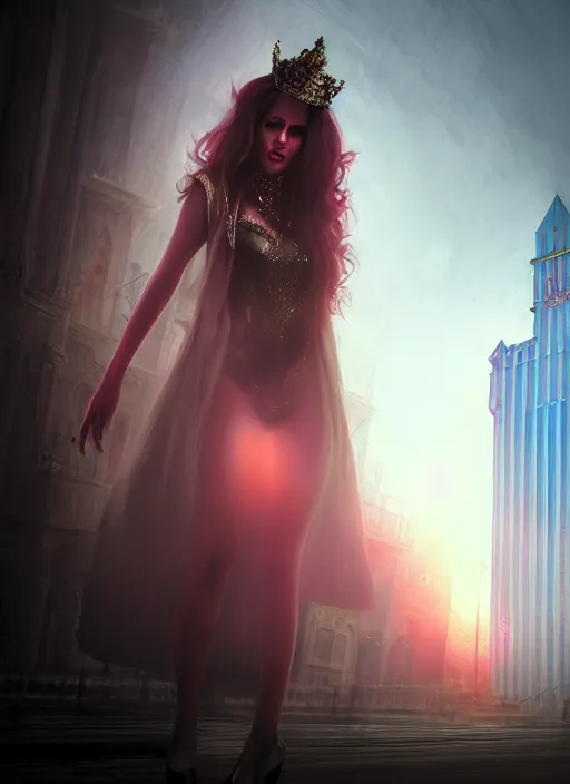 Image similar to realistic matte painting, full body portrait, the duchess of blood, owns the las vegas night, highly detailed, CGsociety, subtle, concept art, HDR, hyper realistic, volumetric lighting, subsurface scattering, unreal