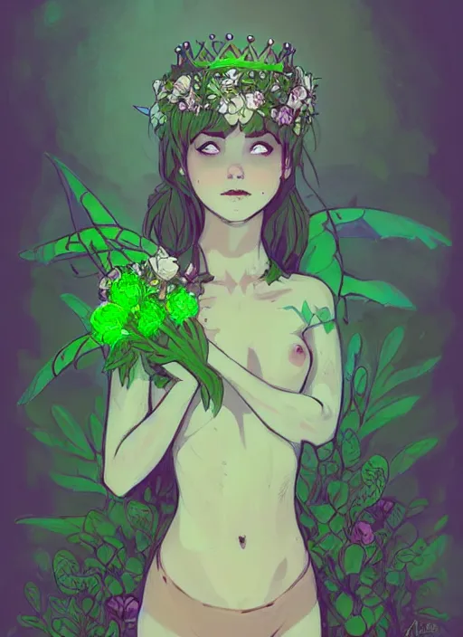 Image similar to cute fairy girl with crown of flowers in plants bikini covered with celtic rune tattoos, fantasy, by atey ghailan, by greg rutkowski, by greg tocchini, by james gilleard, by joe gb fenton, by in kaethe butcher, dynamic lighting, gradient light green, brown, blonde cream and white color in scheme, grunge aesthetic