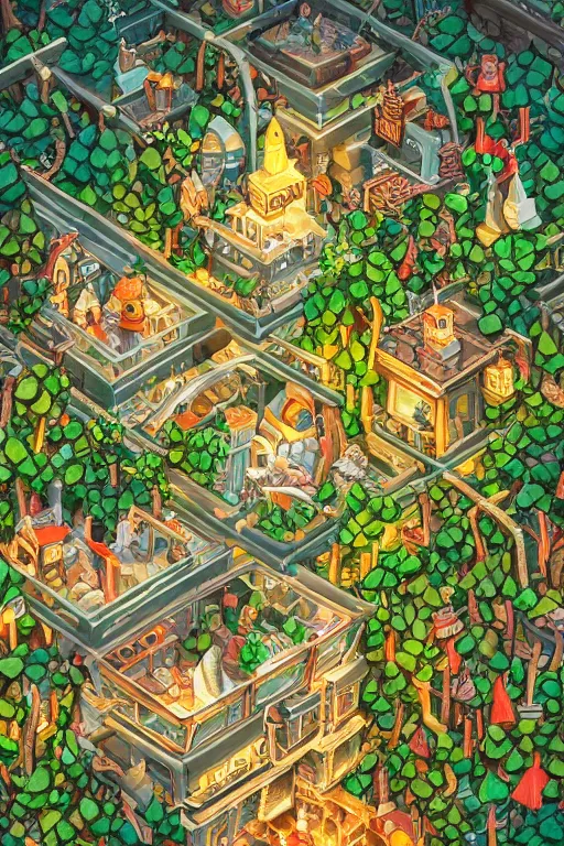 Image similar to a miniature city built into the trunk of a single colossal tree in the forest, with tiny people, in the style of cory loftis, lit windows, close - up, low angle, wide angle, awe - inspiring, highly detailed digital art, isometric