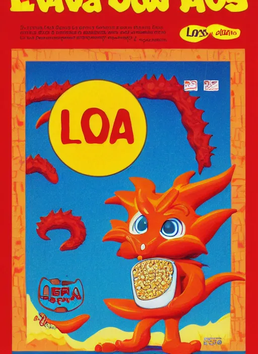 Image similar to lava - os cereal box front, cereal that tastes like lava, cartoon dragon mascot, 1 9 9 3