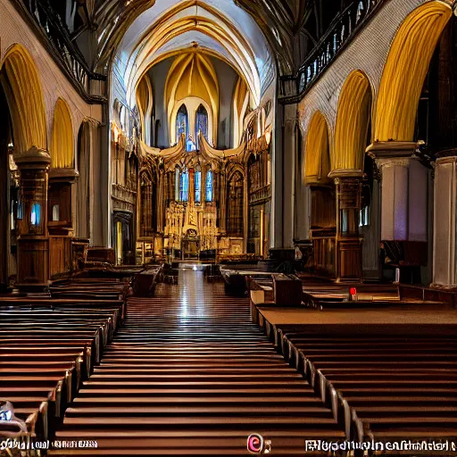 Image similar to wide shot photo taken of an epic intricate, ultra detailed, super realistic empty church after dusk filmset created by weta workshop directed by tim burton, menacing, wide angle shots, moody night time scene, photorealistic, sharp focus, gloomy, extremely cold blueish colour temperature, 3 5 mm, f 1. 4